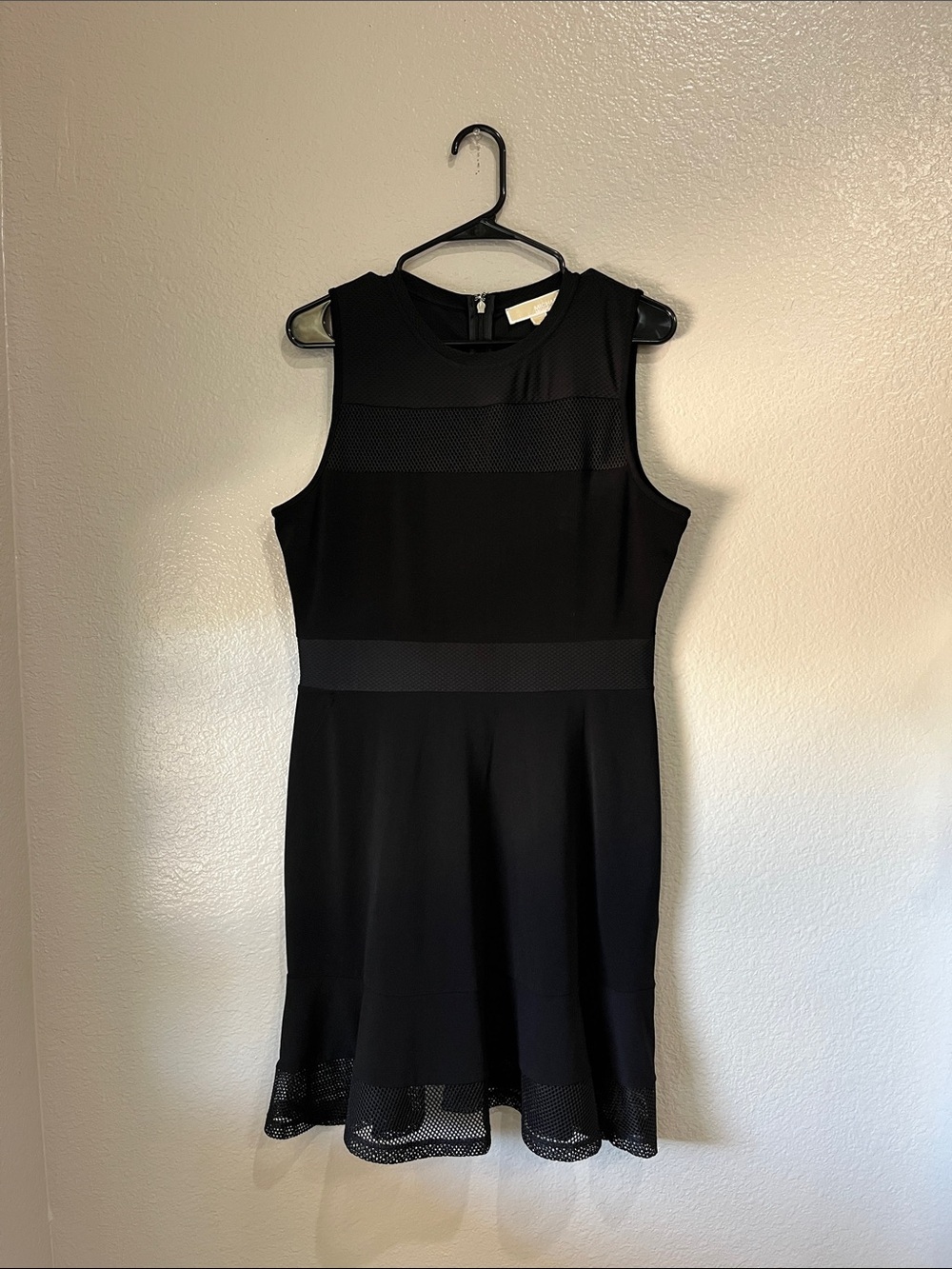Michael Kors Black Sleeveless Mesh-Trim Fit & Flare Midi Dress Sz L Feminine